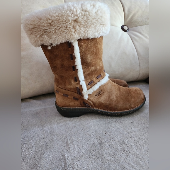 UGG Womens Size 9 Elijo Chestnut Suede Shearling Pull On Cuffed Boots - Picture 4 of 10